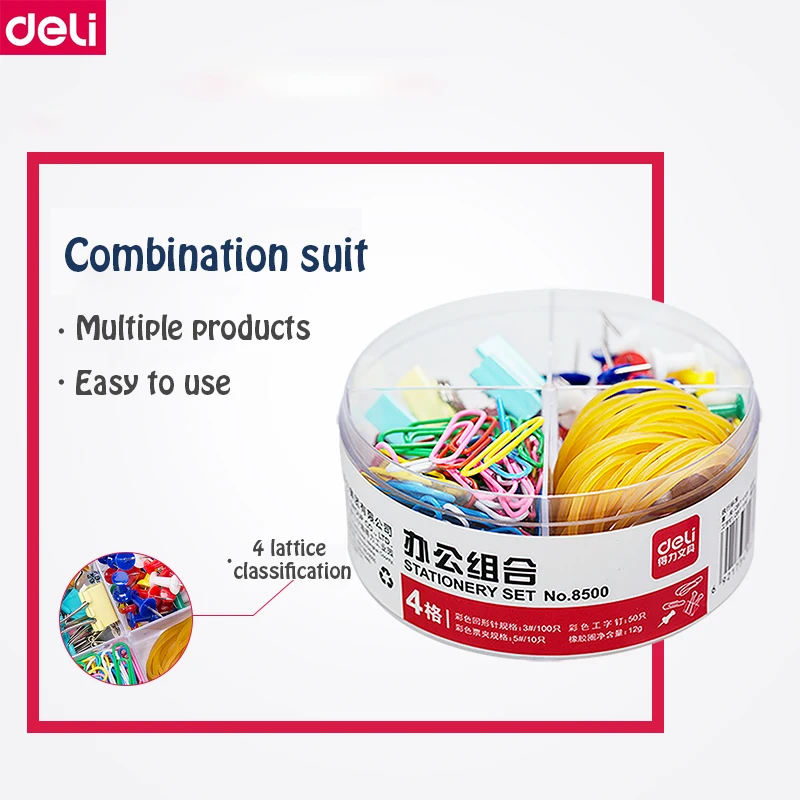 Deli 8500 Color Finance Stationery Kit Set Binding Suppliers Set Include Binder Clip Paper Clip Rubber Band Thumbtack