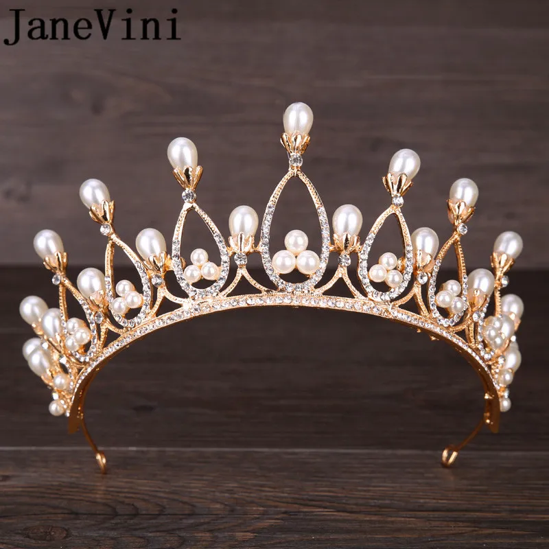 

JaneVini Luxury Gild Bridal Tiara Hair Accessories For Women Wedding Hair Crystal Head Piece Metal Headband Pageant Crowns Bride