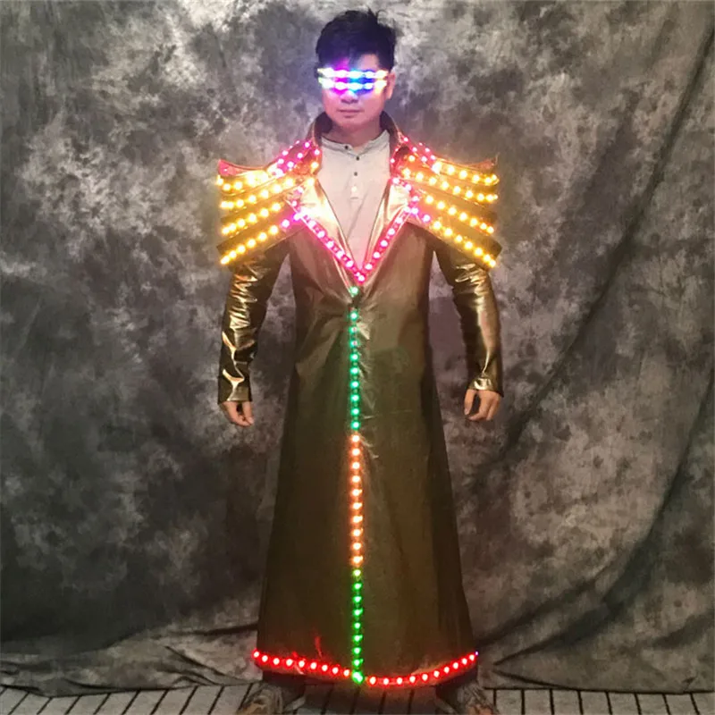 

RE55 Rechargeable dance led costumes men wears robot suit dj long jacket colorful coat perform glowing clothe led outfit party