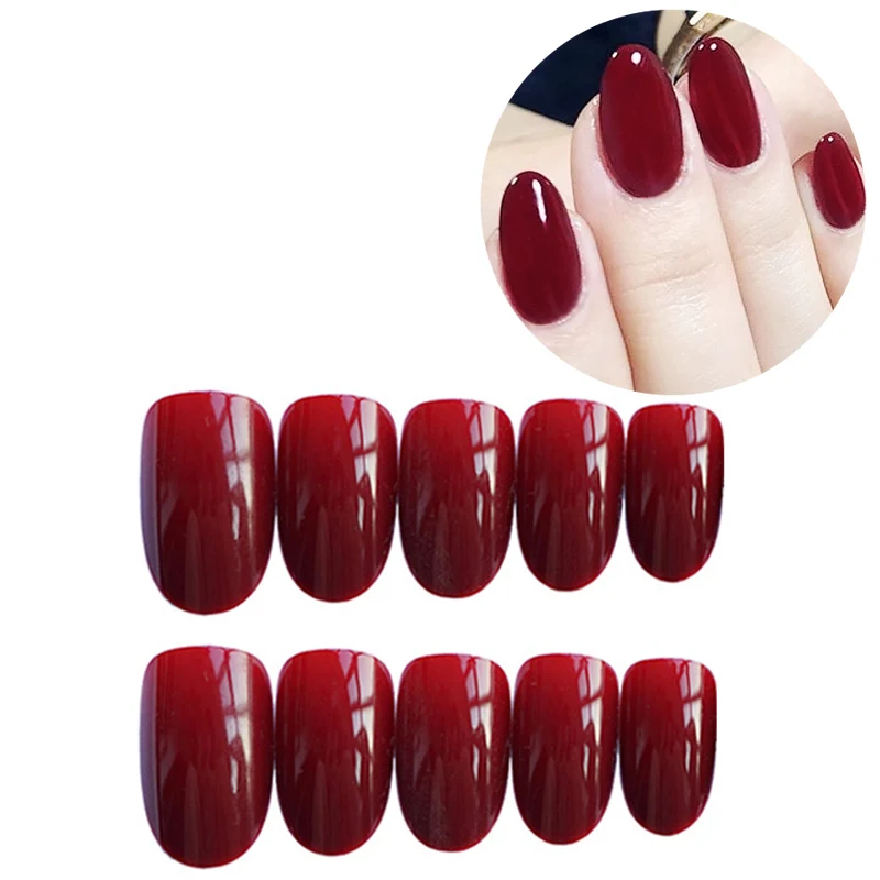 Uñas postizas con pegamento, Uñas postizas de cabeza redonda media larga, puntas completas, uñas falsas terminadas, rojo vino, 24 piezas por juego