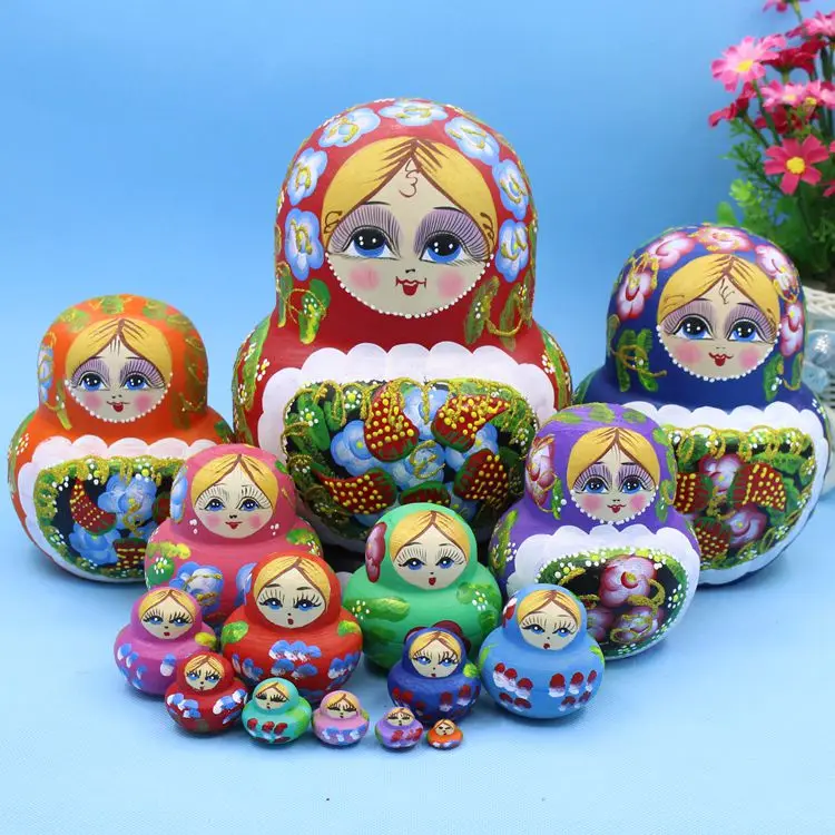 15pcs 20cm Wooden Russian Nesting Dolls Cartoon Traditional Matryoshka Dolls for Baby Kids Toy&Gift