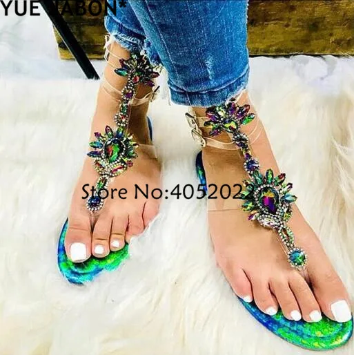 2024 Woman Sandals Women Shoes Rhinestones Gladiator Flat Sandals Crystal Chaussure Plus Size 43 tenis feminino Green Flip Flops