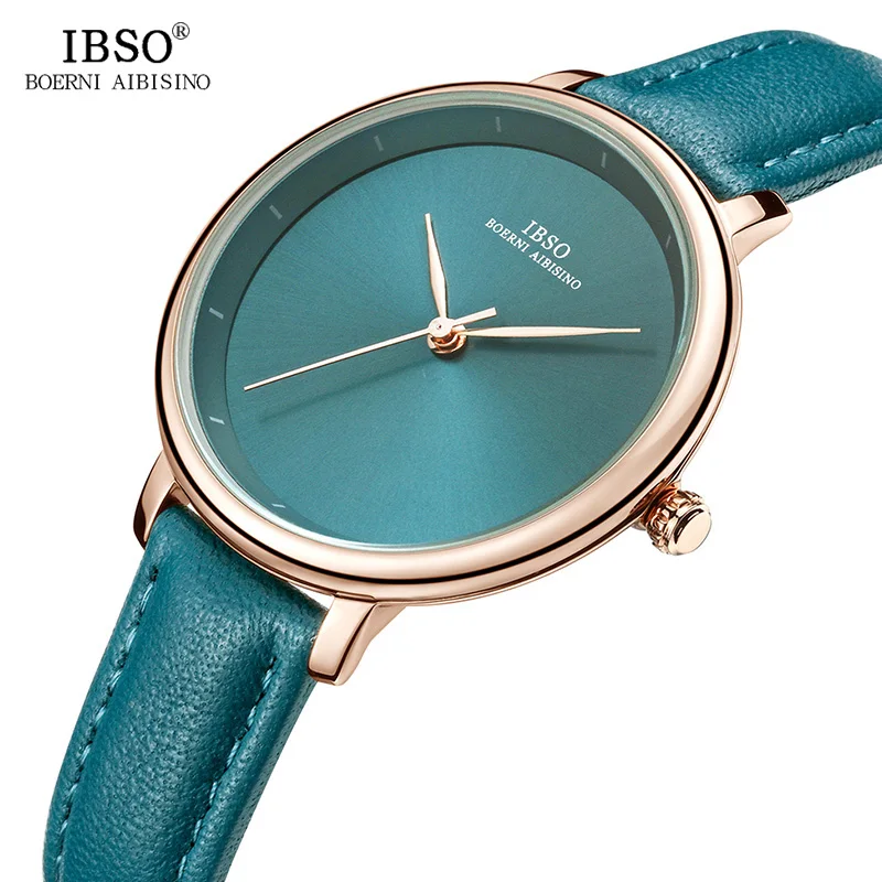 IBSO New Brand Fashion Simple Women Watches 2021 Green Genuine Leather Strap Ladies Quartz Watch Female Waterproof Montre Femme