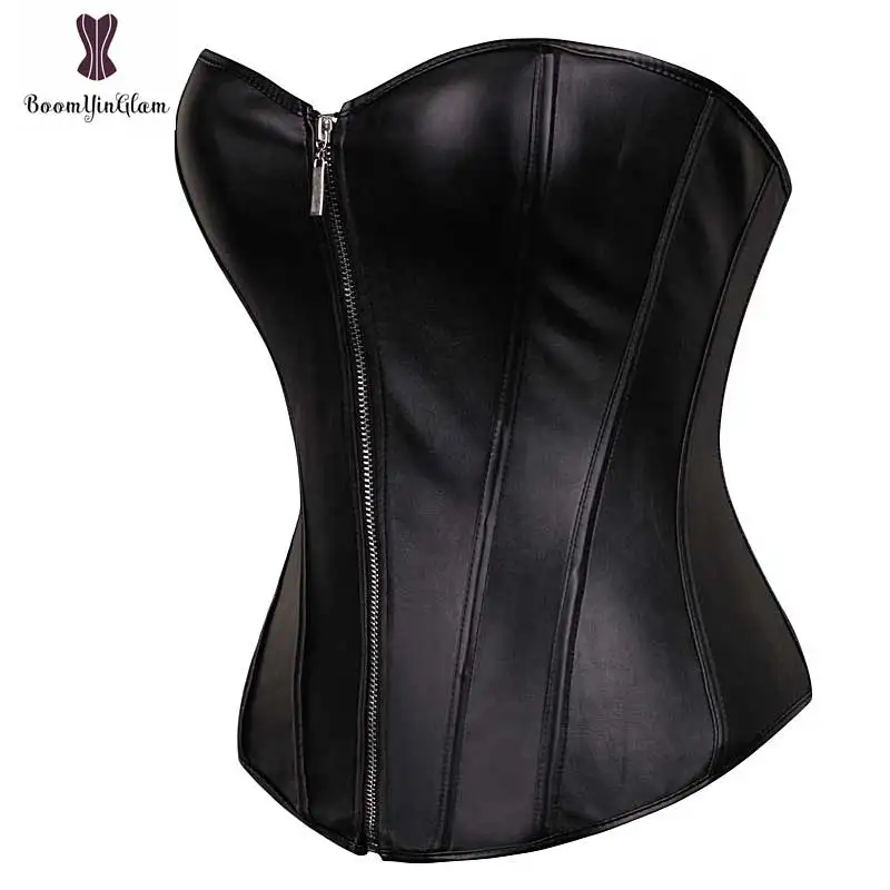 Black Leather Front Zipper Corset Red Color Optional Plus Size Overbust Hot Sexy Lingries Party Club Wear Corsets Busiters