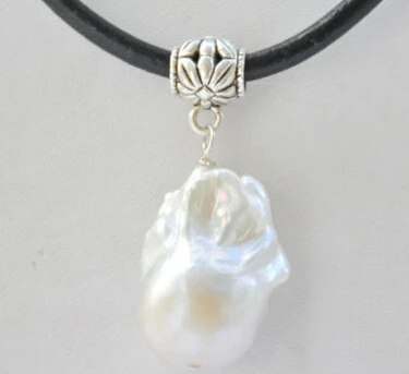 

Free shipping white baroque keshi reborn pearl pendant leather necklace 17inch