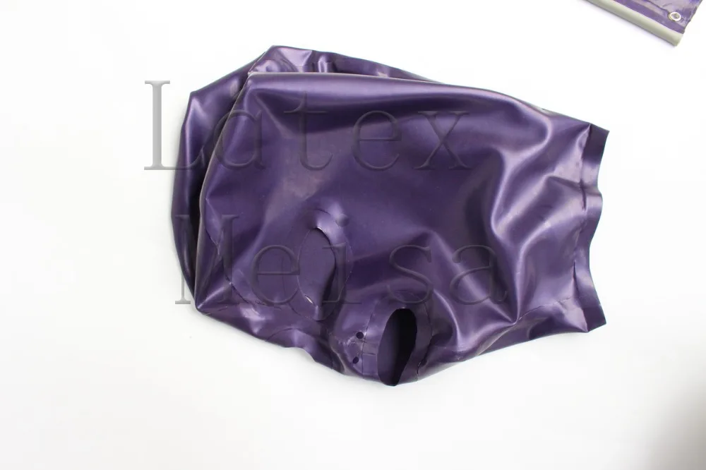 Latex hoods adult rubber masks including neck belt in metallic purple color with back zip