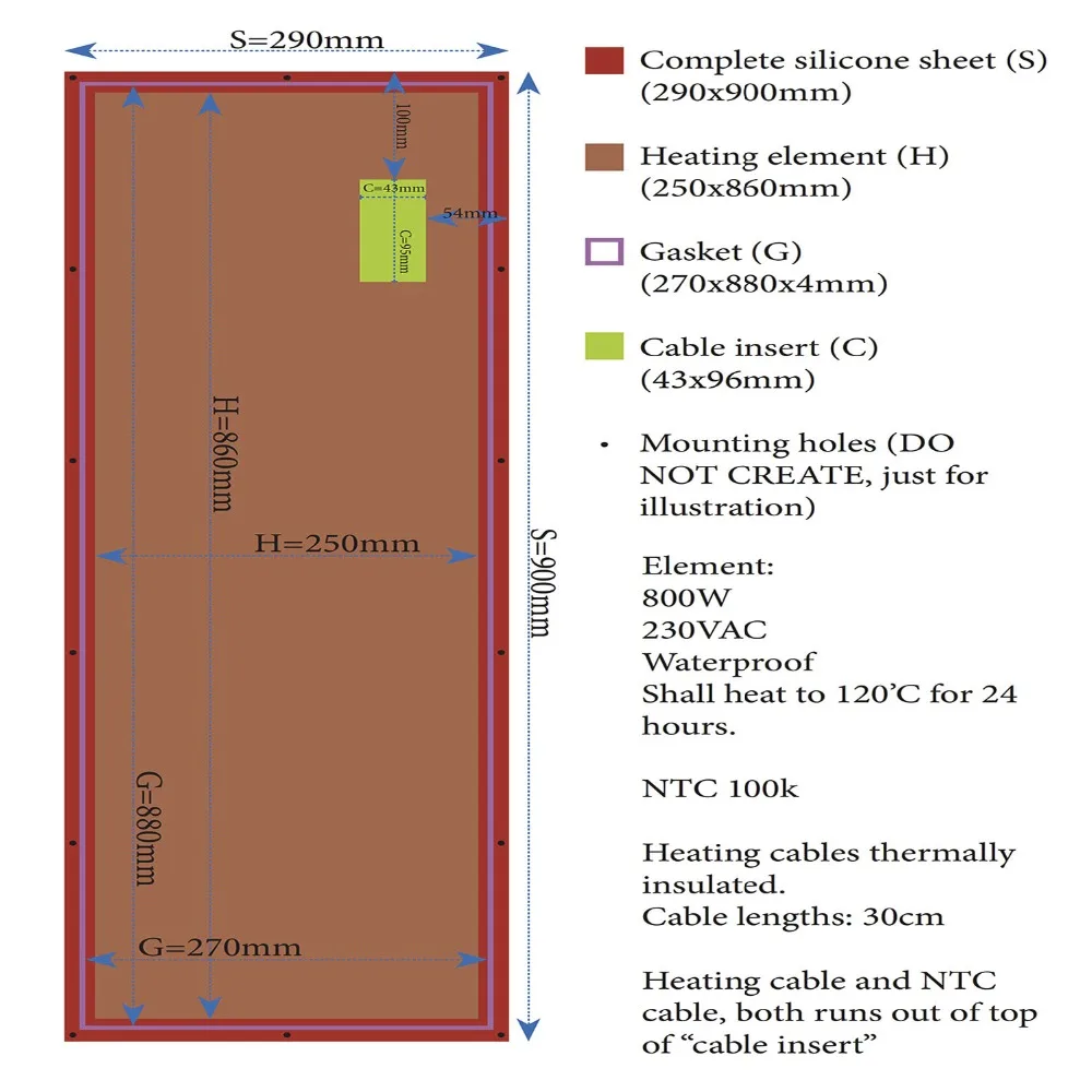 Pad in silicone riscaldamento 230v NTC 100k 290X900mm 800w fabbricazione silicone heateing pad hole 4mm Warming Products