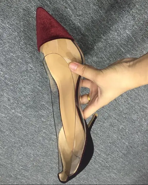 Chaussures à talons hauts en PVC transparent pour femmes, escarpins à talons aiguilles pointus peu profonds, patchwork mixte, chaussures de banquet personnalisées