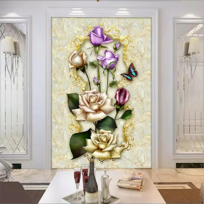 

beibehang Custom mural 3d photo wallpaper beautiful rose and butterfly marble entrance aisle wallpaper murals 3d papel de parede