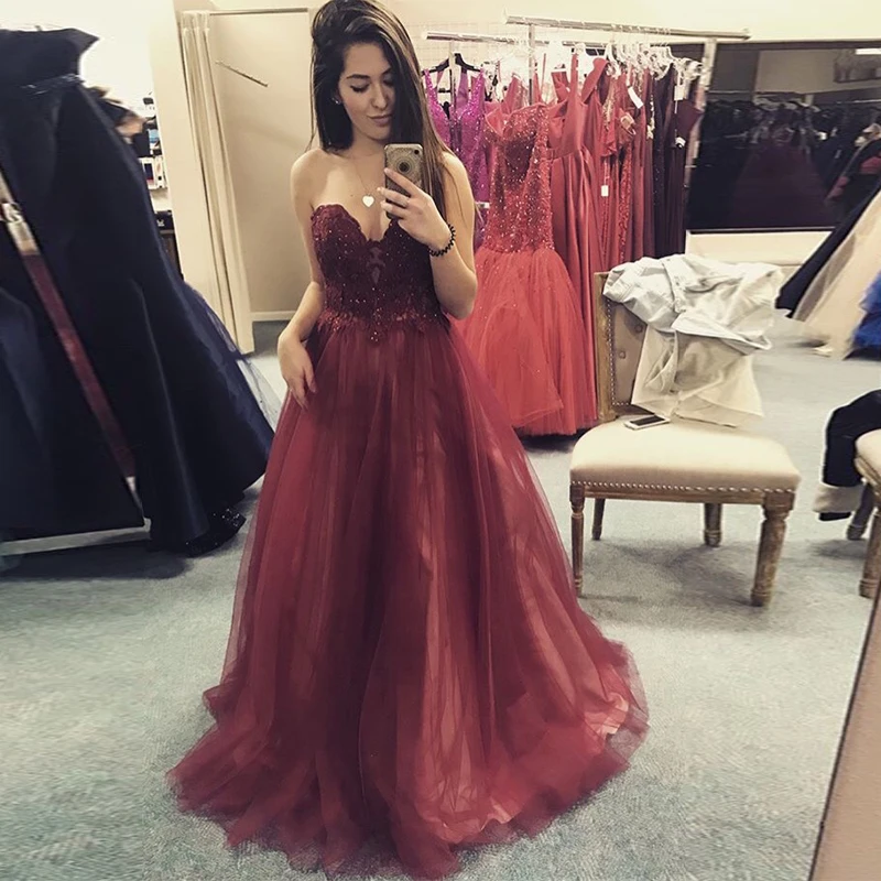 

Sweetheart Burgundy Prom Dress A-line Appliques Beading 2019 Women Formal Party Gowns Custom Full Length Vestido De Formatura