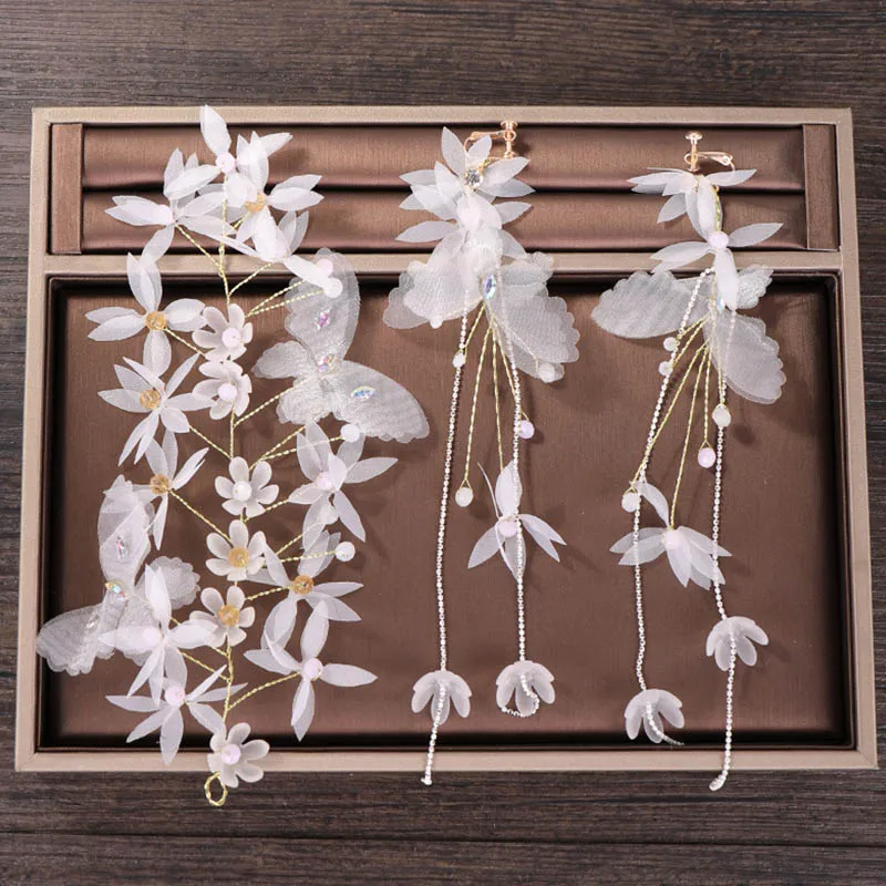 

FORSEVEN Handmade Butterfly Beads Long Tassel Headband Hairpins Headpiece Earrings Jewelry Sets for Bride Noiva Wedding Party