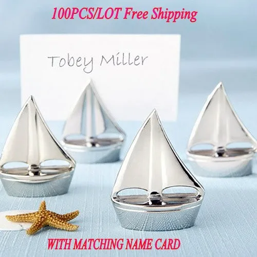 

(100Pcs/Lot) "Shining Sails" Silver sailboat Place Card Holders For nautical themed Wedding and Party Decoration Photo Holder