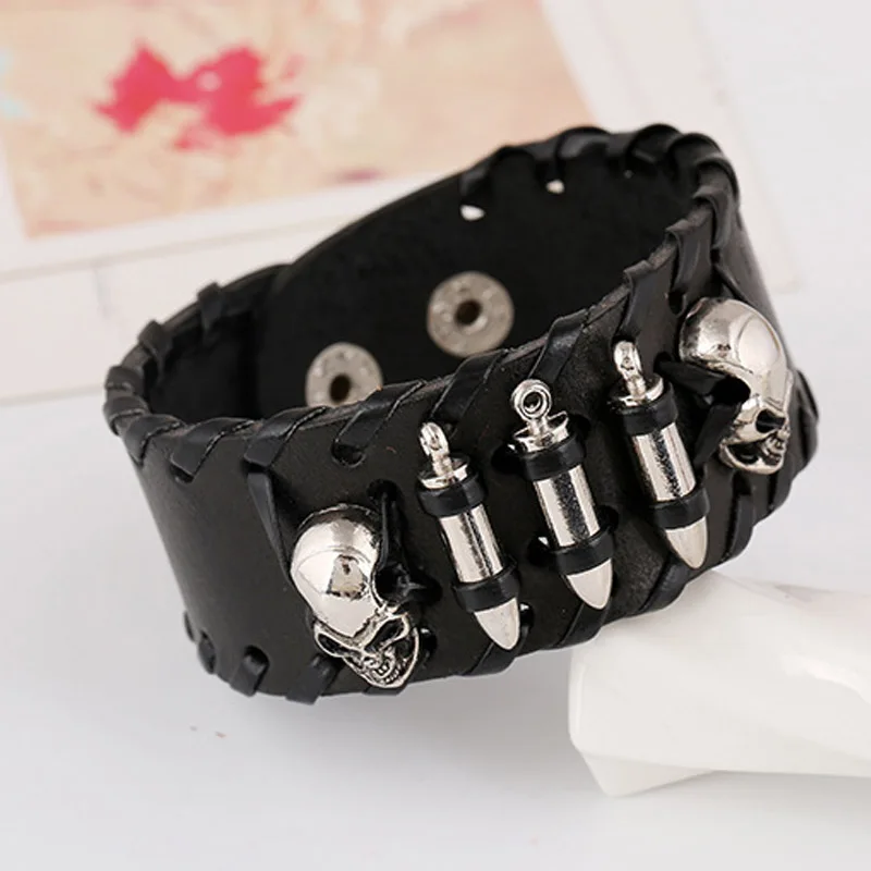 Punk Men Bracelets Hip Hop Skeleton Head Bullets Wide Leather Bracelet calavera Biker Viking Bangles Cowboy Men Jewelry Gift