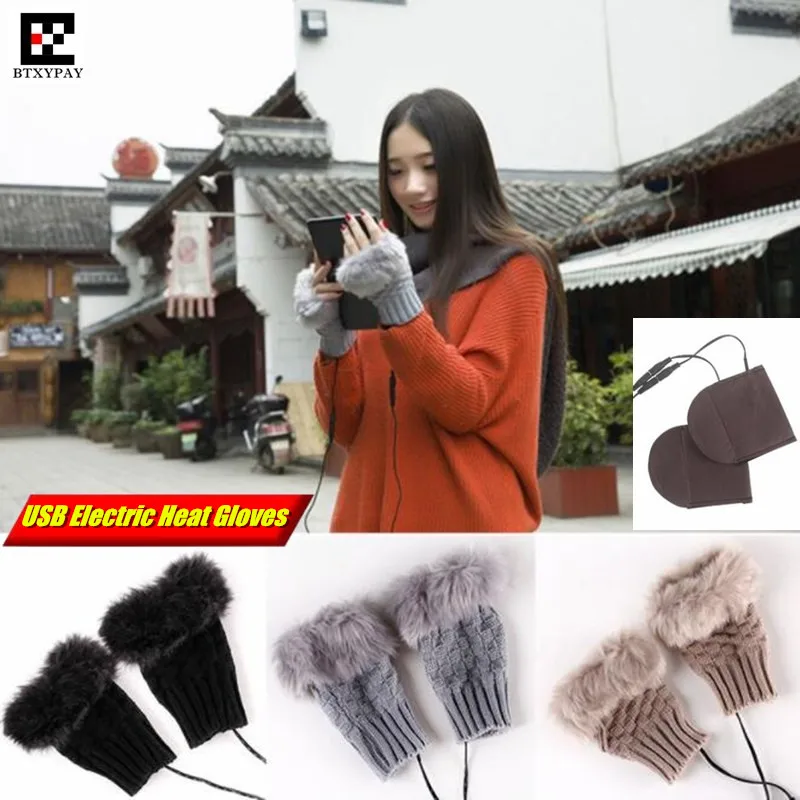 

Winter Warm Girl Students Homework USB Heating Gloves,Women Office Worker Hand Back Heated Knitted Rabbit Fur Fingerless Gloves