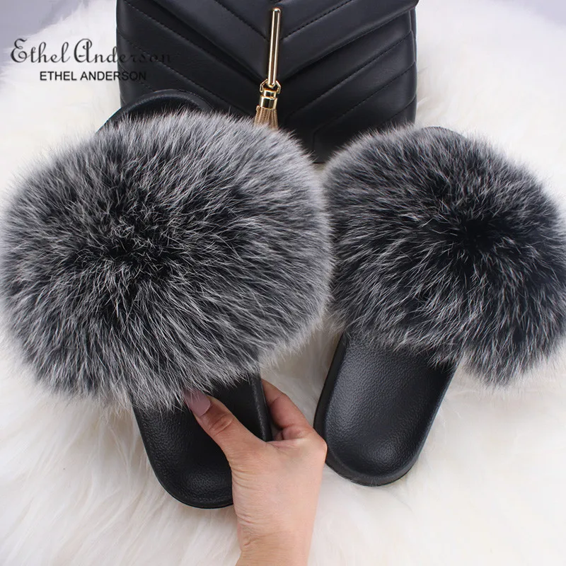 Ethel Anderson Hottest Real Fox Fur Slides Summer Beach Fluffy Slippers 100% Real Raccoon Fur Flip Flops Sandals Shoes Wholesale