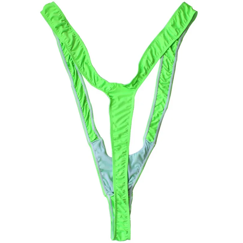 TiaoBug-traje de baño fluorescente brillante para hombre, lencería Sexy, Tanga elástico, abierto, cuello en V profundo, Borat, playa, caliente