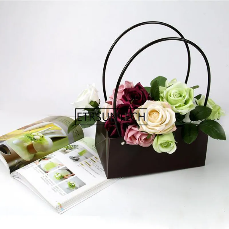 

Portable Flower Box Packaging Flower Basket Gifts Waterproof PVC Plastic Bag Florist Supplies 100pcs