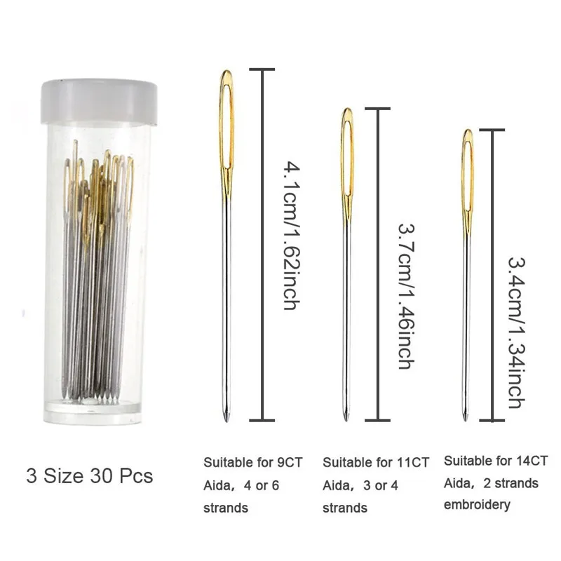 30 sztuk 3.4cm 3.7cm 4.1cm igły do naszycia złota oko haft igły haft krzyżykowy z gwintownikami domu DIY akcesoria do szycia