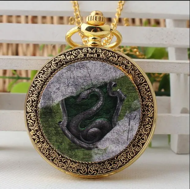 Vintage Slytherin magic school enamel golden pattern quartz Modern hours antique Necklace pocket watches gift