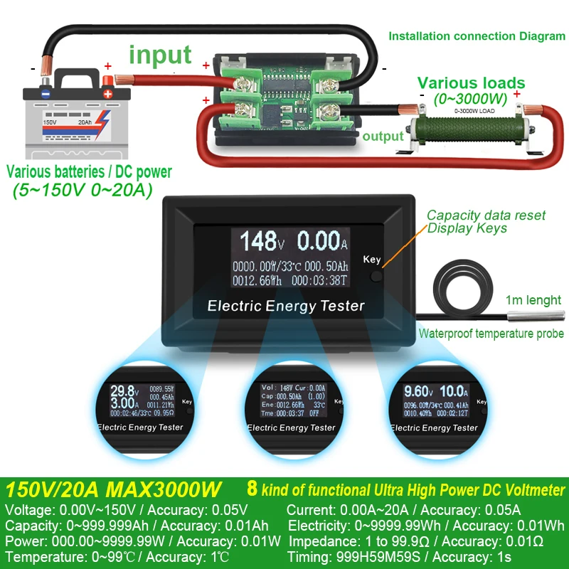 ATORCH mierniki prądu stałego woltomierz cyfrowy amperomierz napięcie amperymetro wattmeter volt tester pojemności wskaźnik lcd