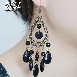 Retro Fashion Tassel Earrings for Women Long Hanging Earrings Vintage Black Water Drop Pendant Earring Bohemian Ear Jewelry