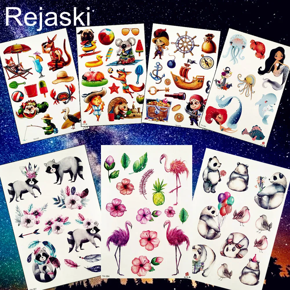 Watercolor Temporary Tattoo Sticker Mermaid Pirate Koala Raccoon Cat Flamingo Flash Tattos Cartoon Children Fake Tatoo Fairy