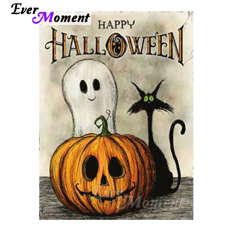 

Ever Moment Diamond Painting Cat Ghost Happy Halloween Pumpkin Diamond Embroidery Mosaic Craft DIY Full Square Layout ASF1071