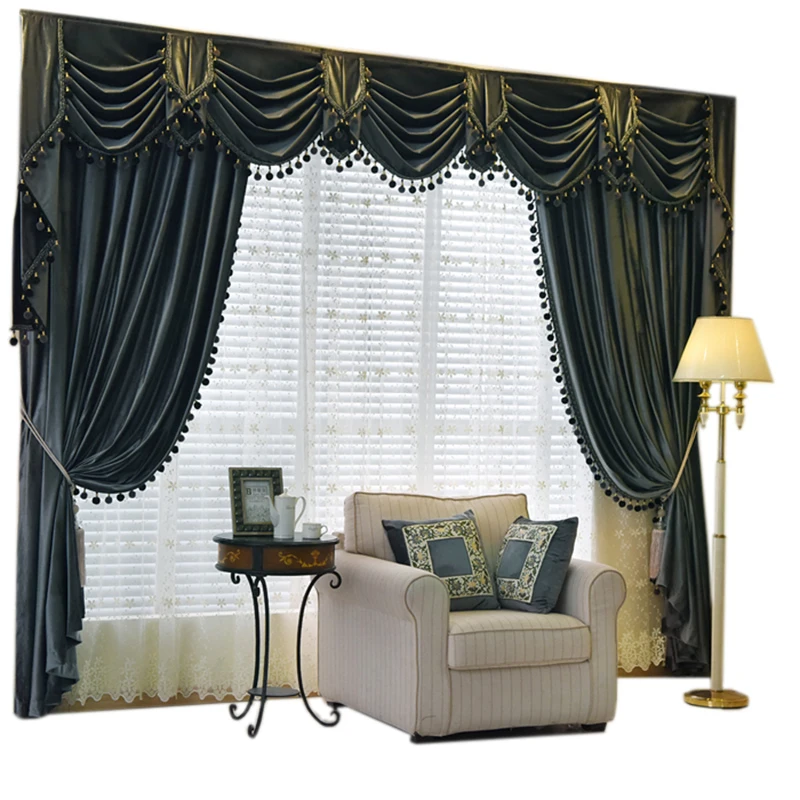 

Custom curtain high-grade European luxury Italy velvet thick dark grey solid cloth blackout curtain valance tulle sheer E789