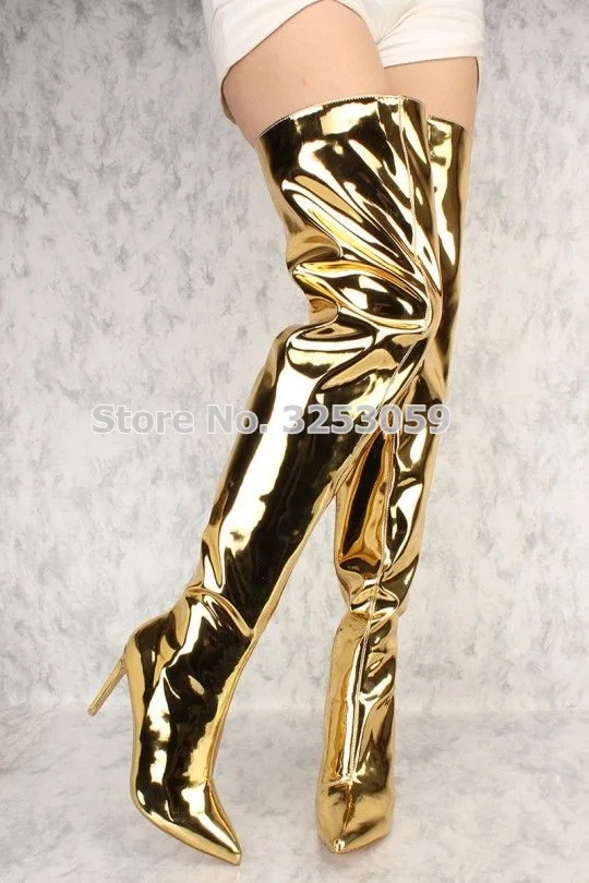 ALMUDENA Gold Champagne Black Patent Leather Thigh High Long Boots Women Over The Knee Mirror Leather Gold Heels Gladiator Boots