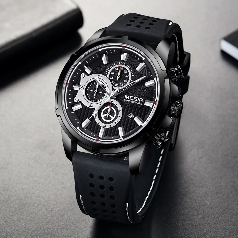 MEGIR Fashion Sport Men Watch Luxury Brand Waterproof Quartz Silicone Chronograph Mens Watches Military Clock Relogio Masculino