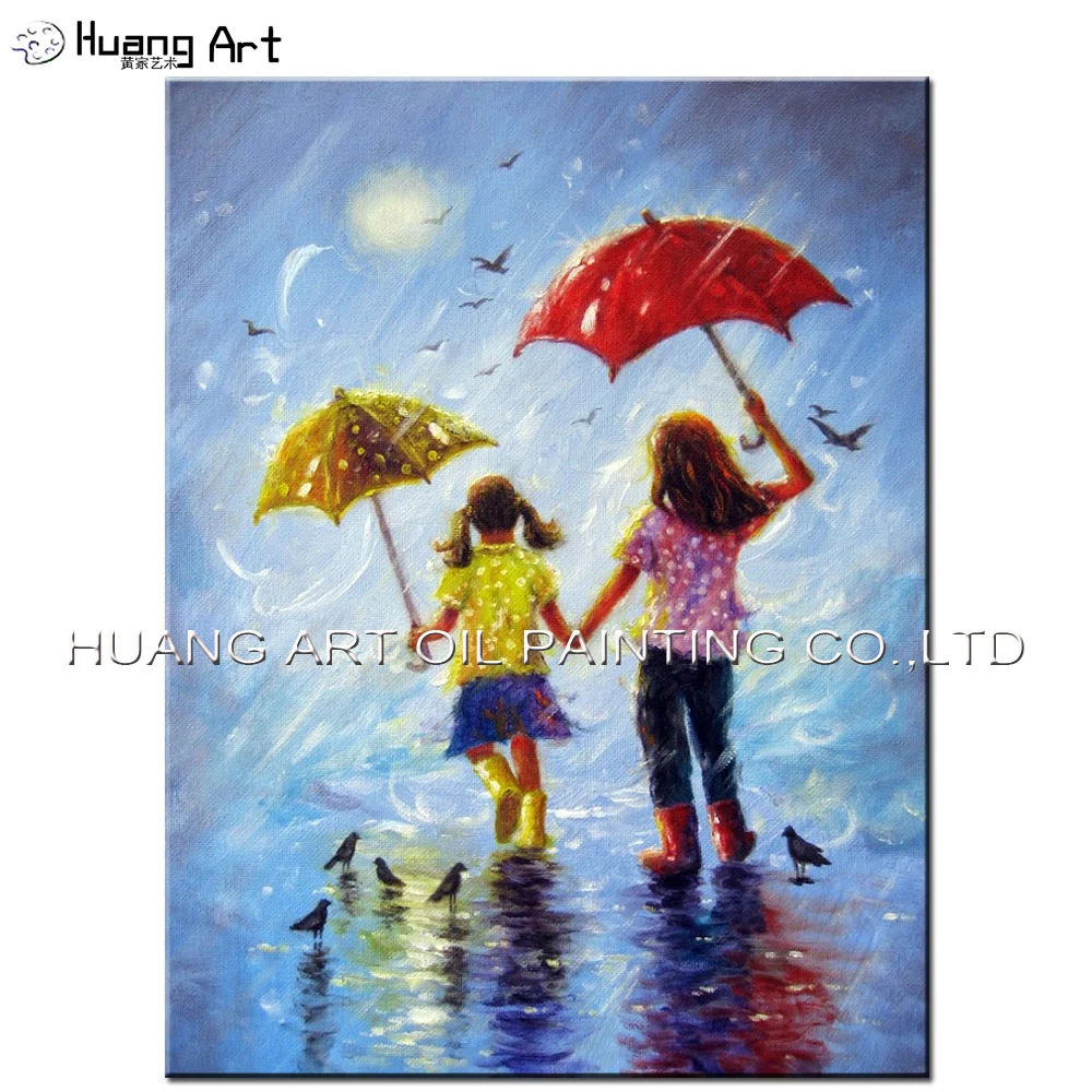 

Handmade Modern Home Decor Figure Oil Painting On Canvas Sisters Hand in Hand Walking at Raining Street Landscape Painting