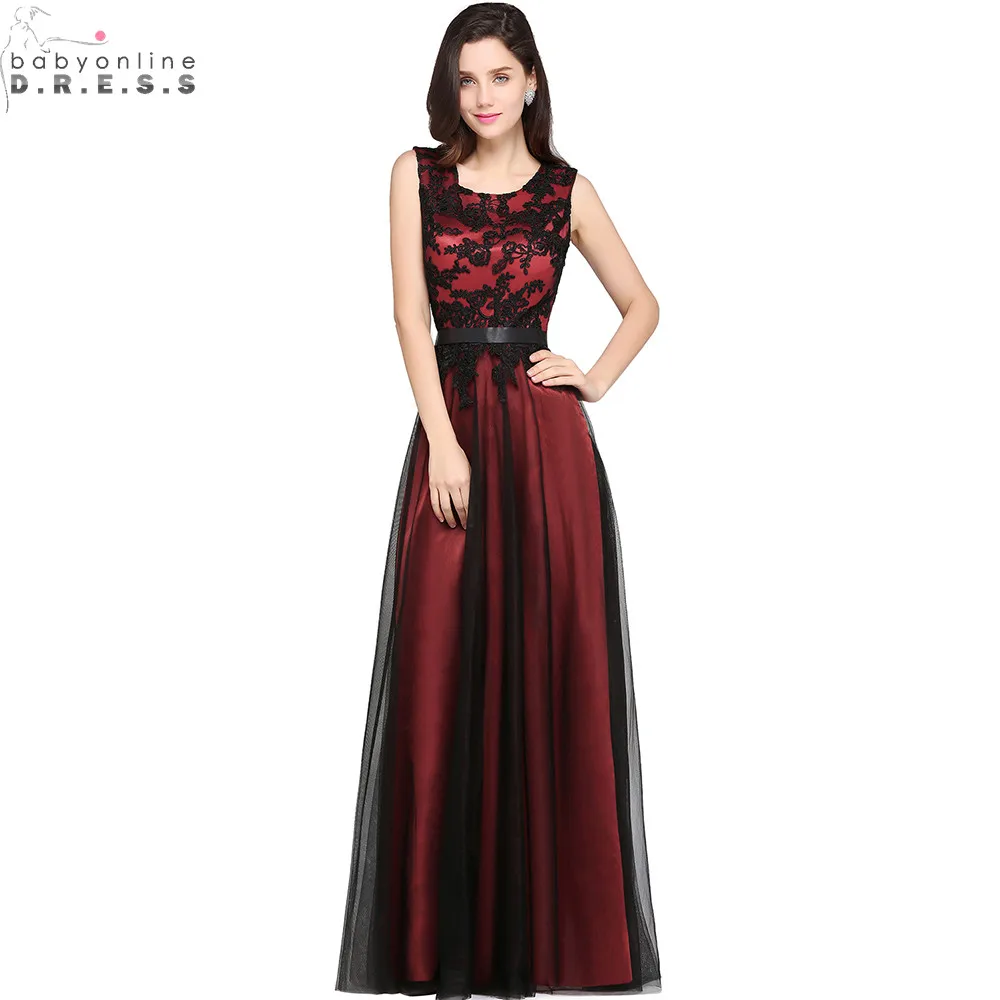 

Robe de Soiree Longue Elegant Black Lace Red Evening Dress Long Cheap Appliques Chiffon Evening Gown Vestido de Festa