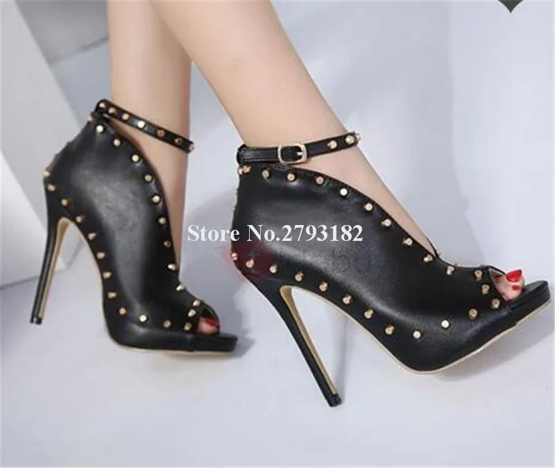 New Design Women Fashion Peep Toe Black Nude Gold Rivet Short Gladiator Boots V-cut Ankle Strap Thin High Heel Ankle Booties