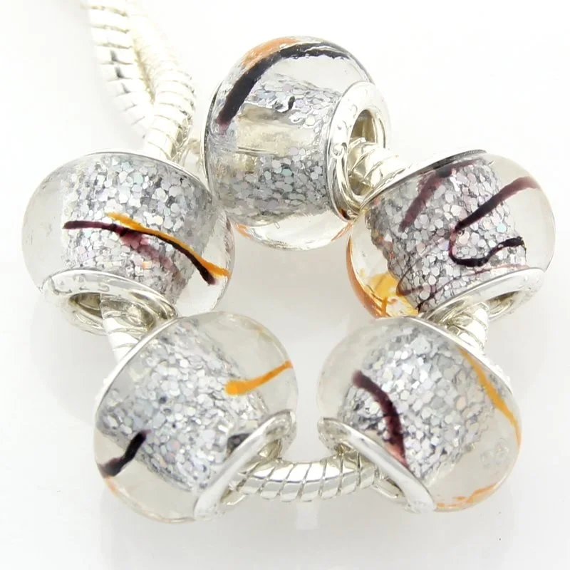 5pcs /Lot Fashion Murano Glass Lampwork Beads Big Hole Silver Colour Core For European Charm Bracelet Jewelry DIY G5