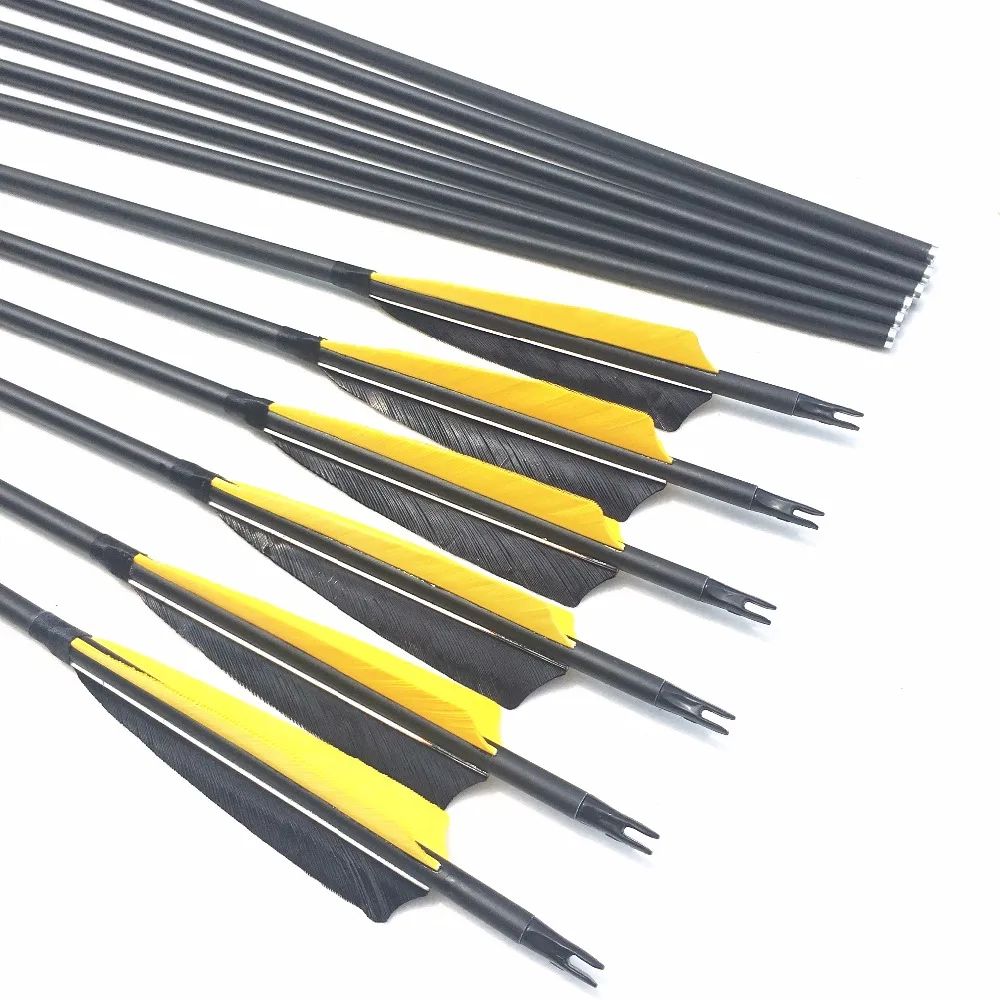 6/12/24pcs 32'' Carbon Arrows Spine500 600 700 With Black&Yellow Feather  For Longbow Archery Shooting