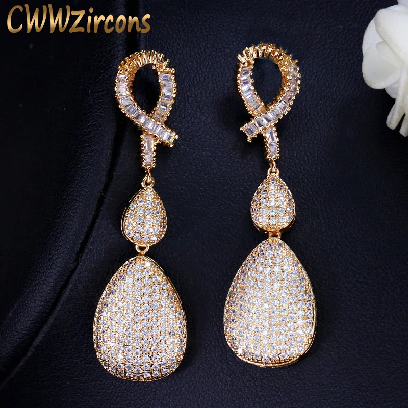 

CWWZircons Quality Wedding Evening Gold Plate Jewelry Micro Pave Cubic Zirconia Stones Long Drop Golden Earrings for Women CZ120