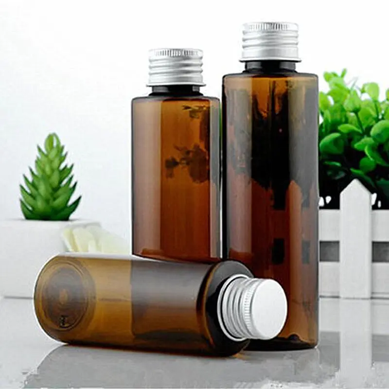 

50PCS 150ml Empty Bottle 100ml Amber Bottle Liquid Brown Color Bottle Mini Plastic 120ml PET Travel Bottle With Aluminum Cover