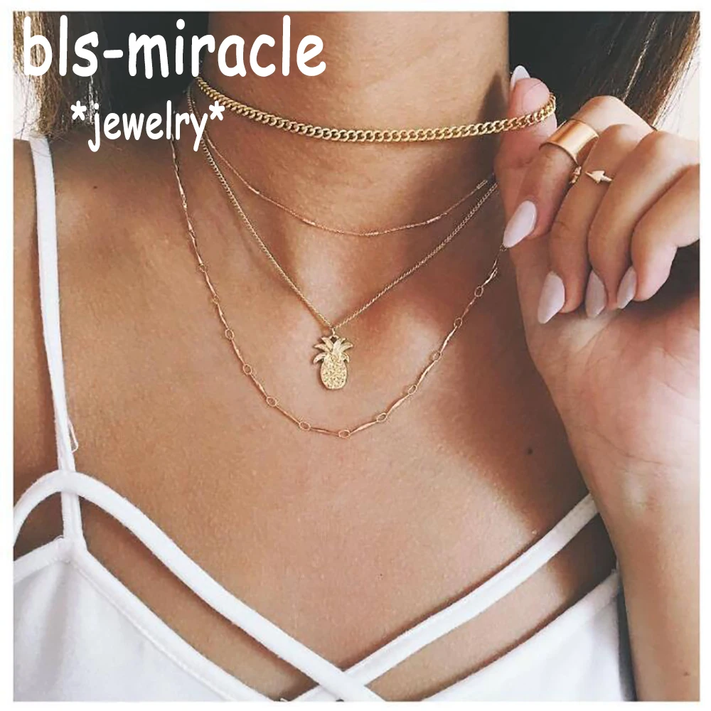 Bls-miracle Fashion Necklaces Classic Gold Color Multilayer Pineapple  Pendant Necklace Women Girl Statement Female JewelryN542