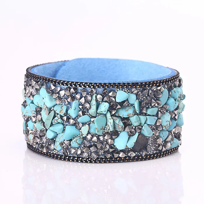 Christmas Gifts Fashion Wrap Cuff Bracelets Slake Leather Bracelet With Crystals Natural Stone For Women Girls Jewelry 2.8*21CM