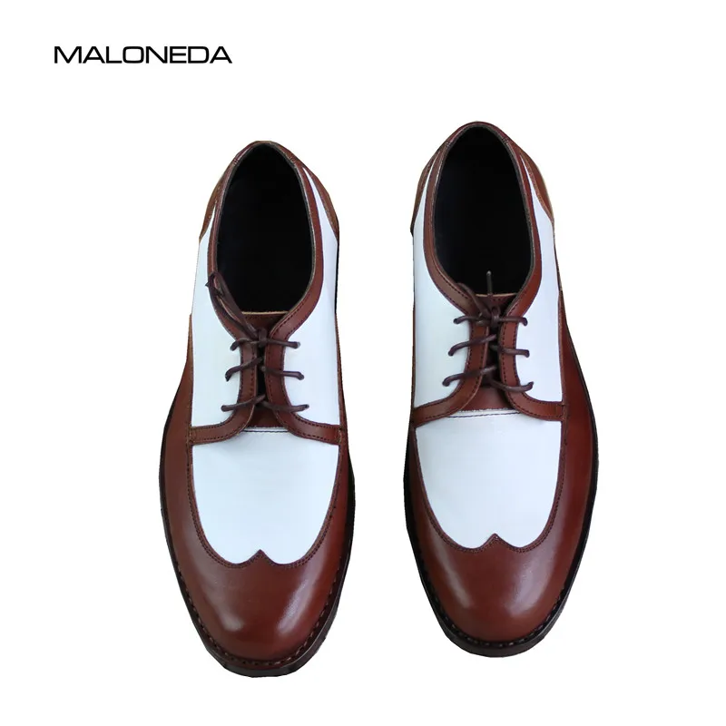 MALONEDA Bespoke New Handmade Mixed Color White and Brown Genuine Leather Lace Up Derby Shoes With Goodyear Welted For Men