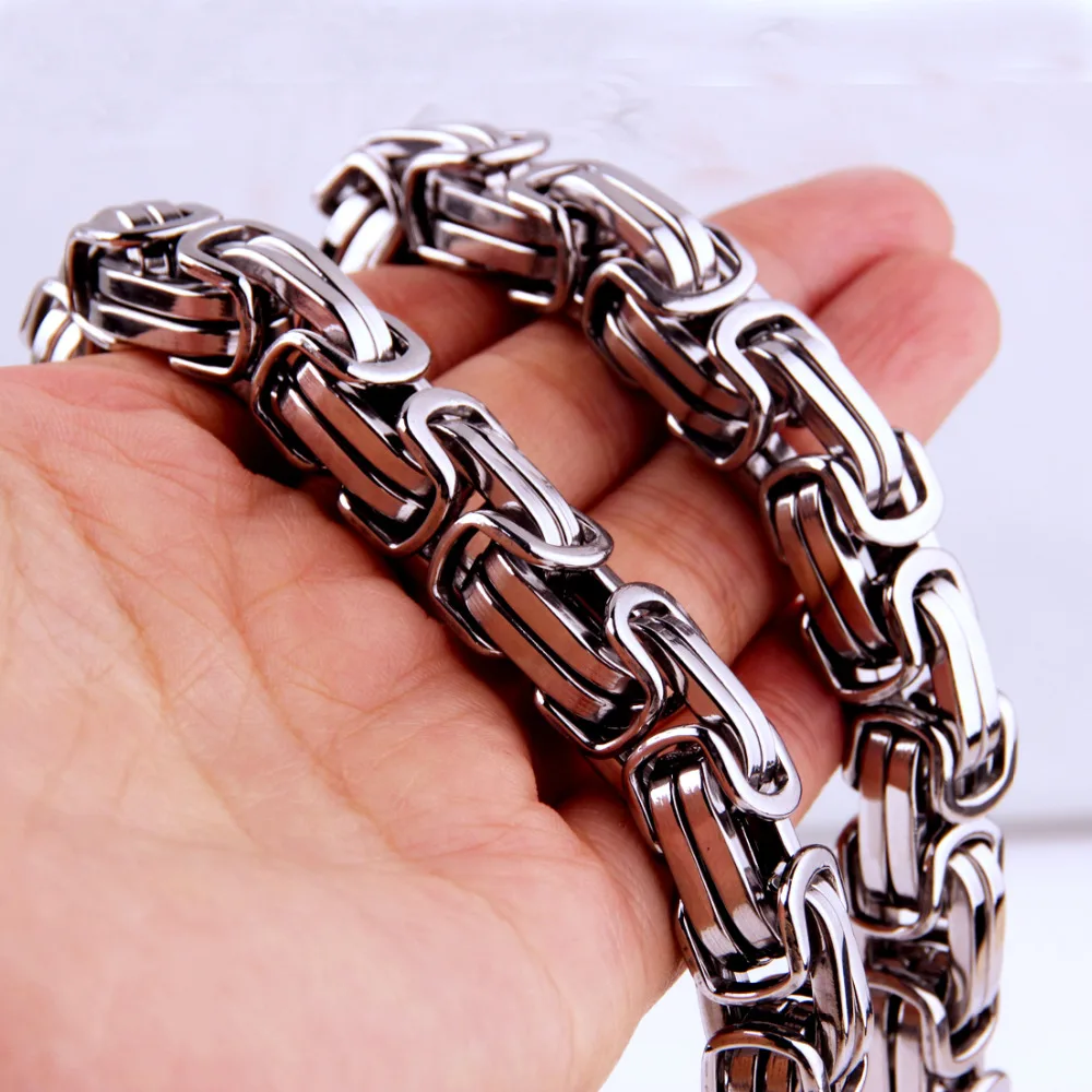 Heavy 12/15mm Choose Men's Chain Link Necklace or Bracelet Stainless Steel Silver Color Byzantine Chain High Quality