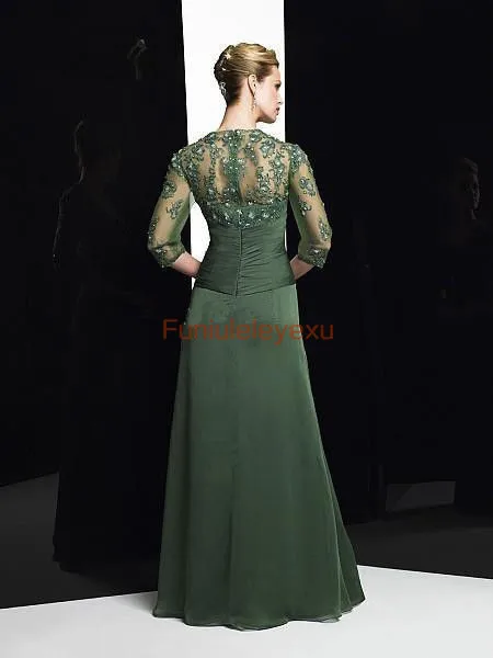 New Sheath Applique Floor Length Sleeved Chiffon Mother of the Bride/ Groom Dress Plus Size Formal Prom Evening Gowns