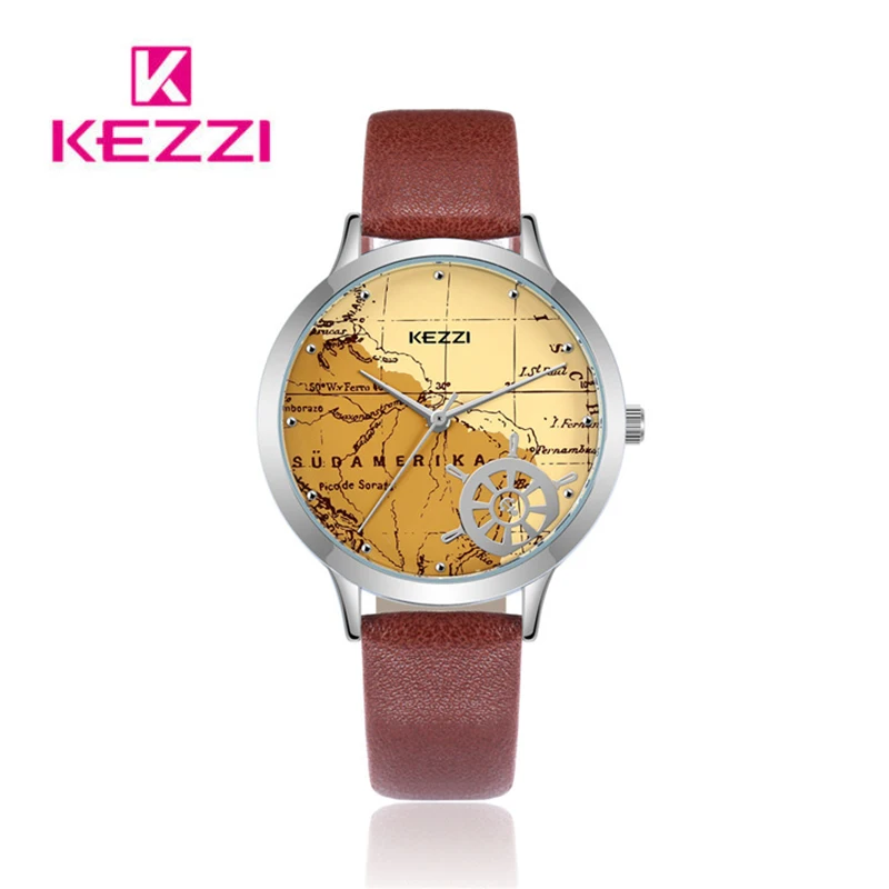 

Kezzi Brand Lady Casual Leather Watch Creative Map Big Dial Quartz Wrist Watches For Woman Fashion Sport Dress Reloj Mujer Gift