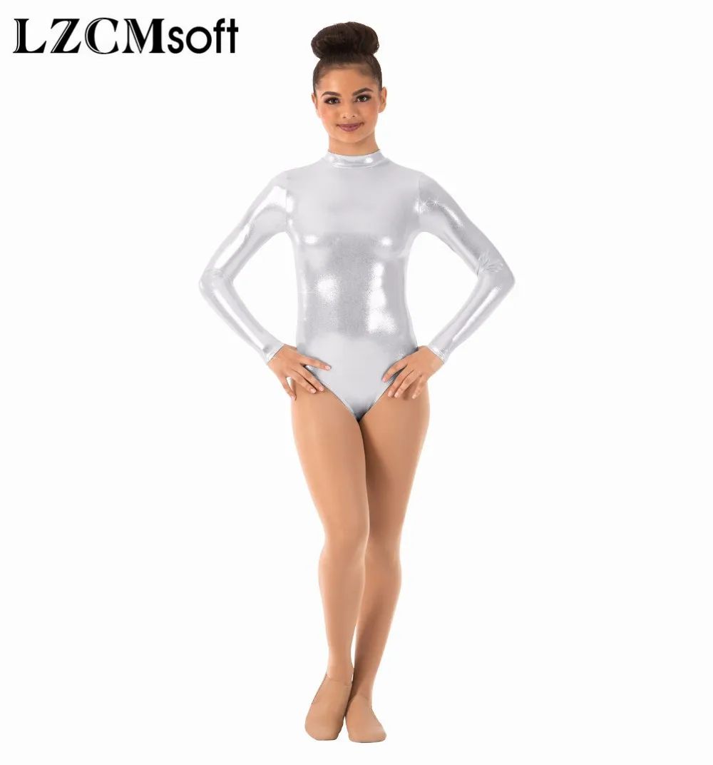 LZCMsoft-leotardos de manga larga para mujer, de cuello alto para gimnasia leotardo, baile, actuación en escenario, monos metálicos brillantes, una pieza