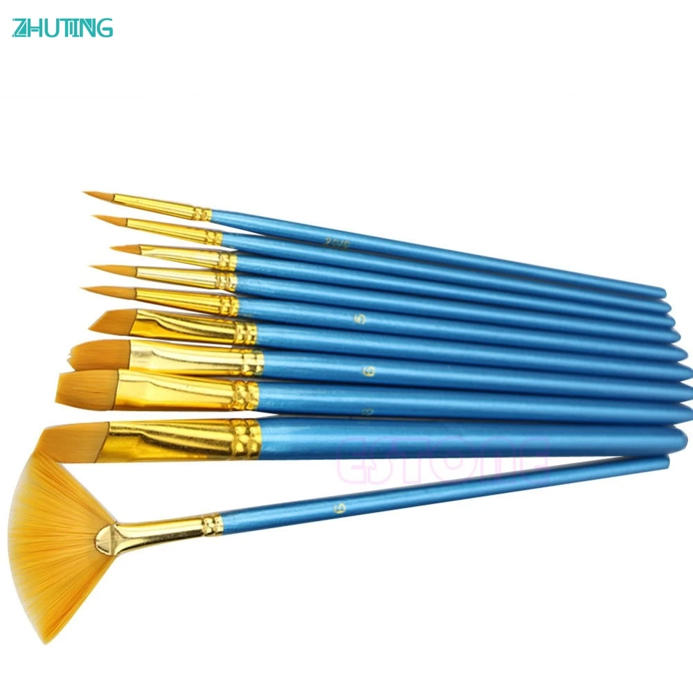 Hot Selling 10Pc Nylon Hair Acrylic Watercolor Flabellum Pointed Tip Artists Paint Brush Set JAN18