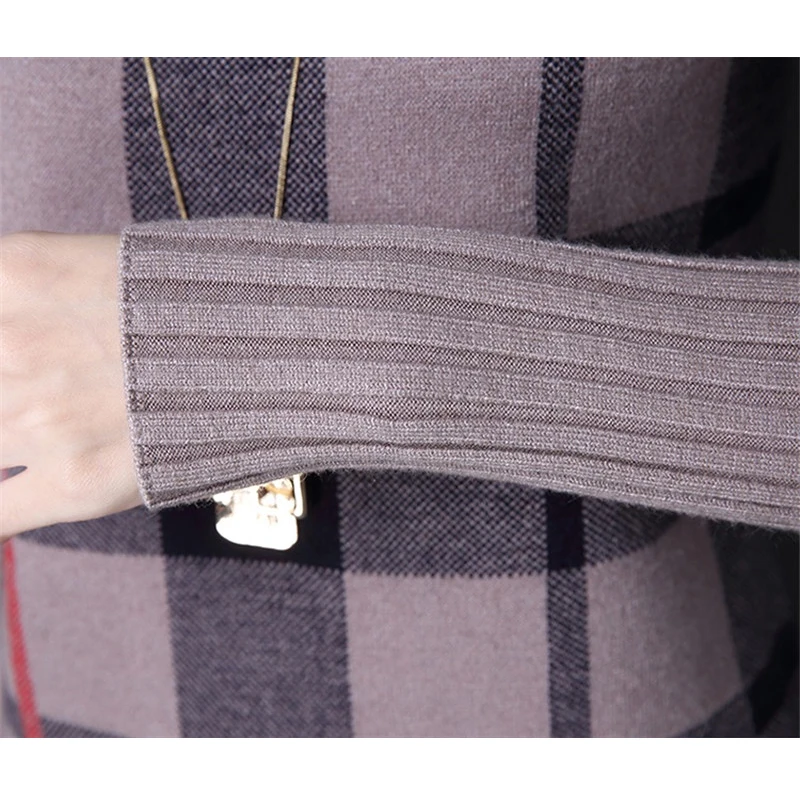 2022 New Women Autumn Winter Dress Turtleneck Long Sleeve Plaid Knitted Sweater Dress Female Loose Sweaters Pullovers Dress 315