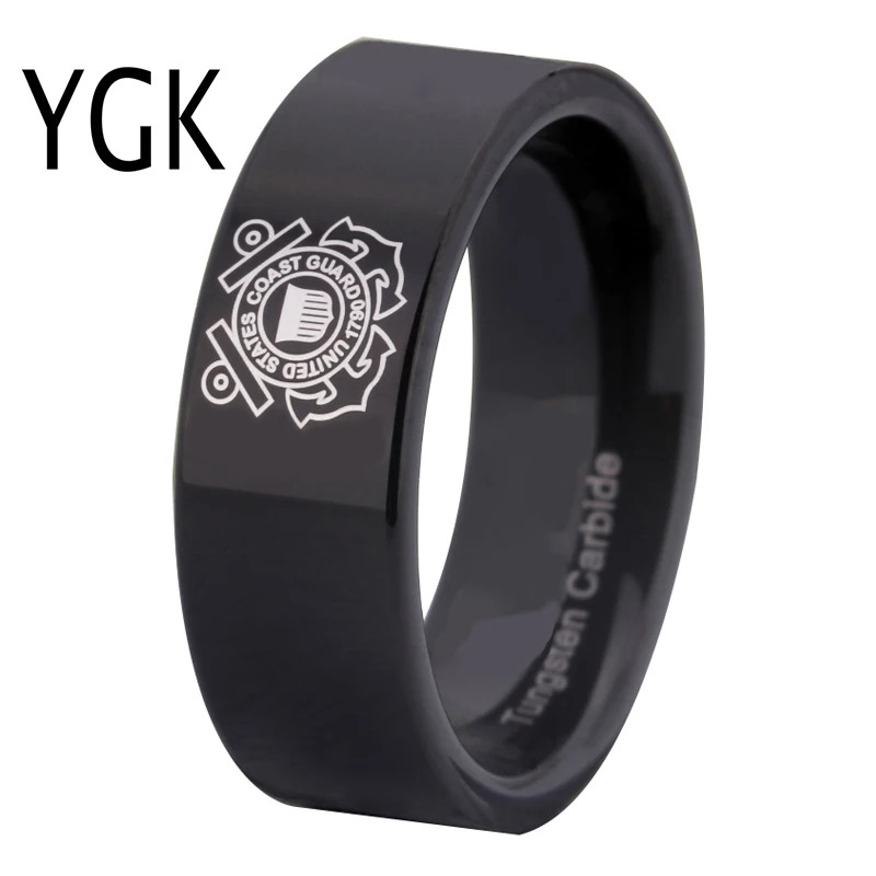 YGK Brand Jewelry Free Engraving 8MM Black Pipe Coast Guard Design New Tungsten Carbide Comfort Fit Ring for Wedding