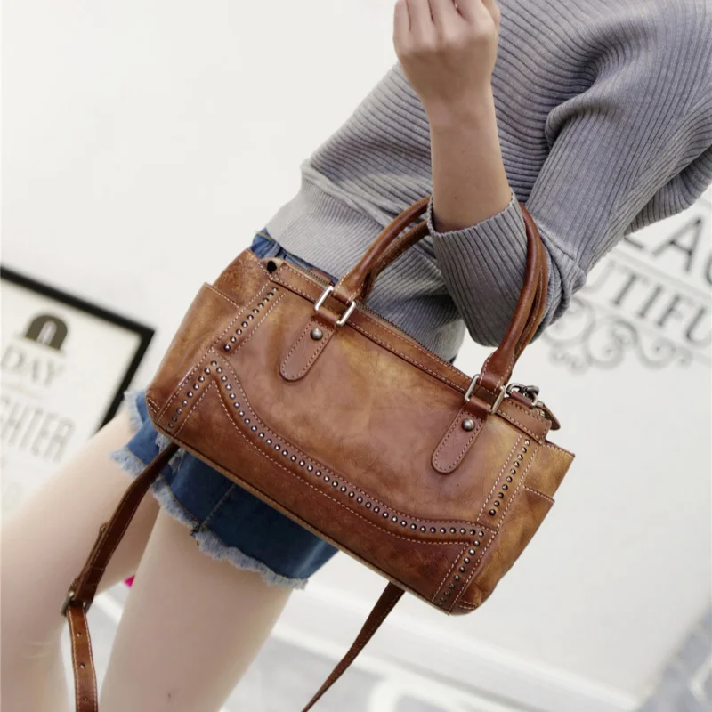 MANJH Women Vintage Leather Shoulder Bag Handmade British Retro Dip Dye Leather Messenger Satchel Top Handle Hand Bag