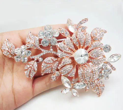 Rose Gold-tone Vintage Style Flower Woman Brooch Pin Clear Rhinestone Crystal