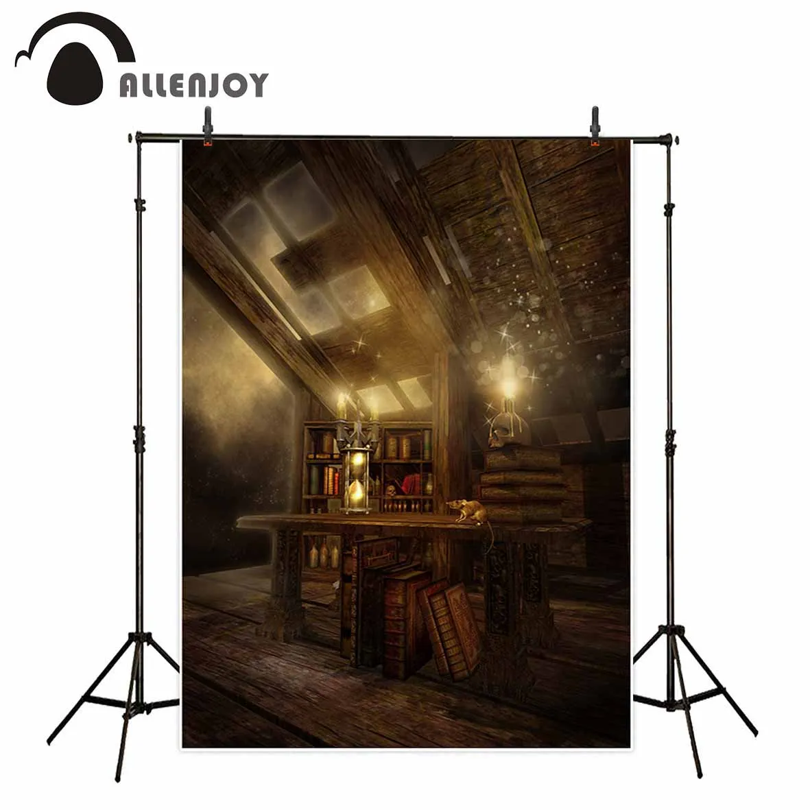 

Allenjoy Halloween photography backdrop wood Attic vintage bookcase Hourglass candle background photocall photobooth